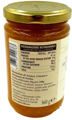 Pomarančový, citrónový a sicílsky mandarínkový džem Agrisicilia 360 g.