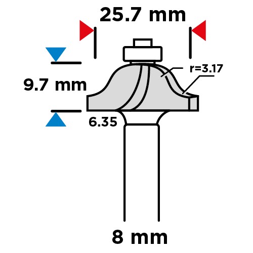 Fréza na profil, ozdobná, 25,7x9,7mm, stopka 8mm