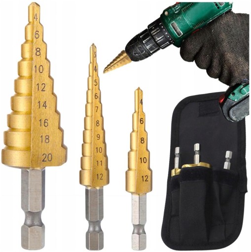 Stupňovité oceľové vrtáky, sada 3 ks, kužeľové, 3-20 mm, na drevo, plech