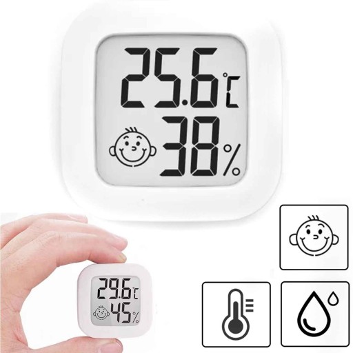 Teplomer s vlhkomerom, biely mini LCD izbový displej