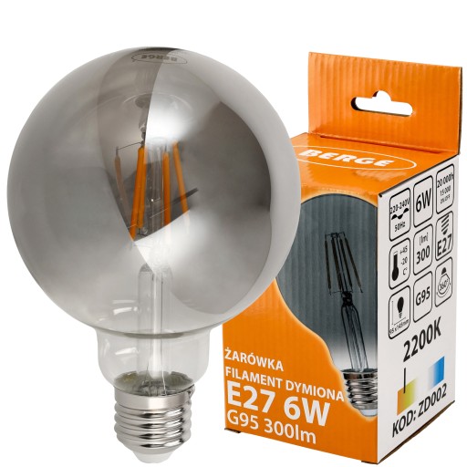 E27 LED žiarovka 6W 300lm 2200K Filament Smoke G95 Warm Color