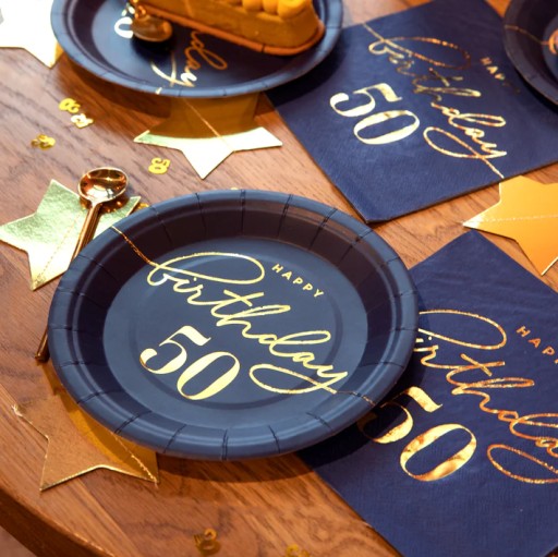 Všetko najlepšie k narodeninám k 50. narodeninám Papierové taniere Navy Blue Gold 18cm 6ks.