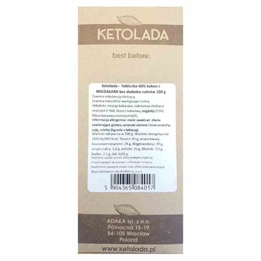 KETO horká čokoláda s mandľami sladená erytritolom BEZ CUKRU 100 g