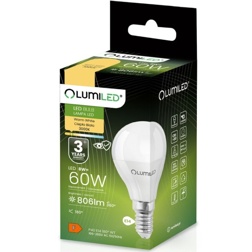 LED žiarovka E14 Ball P40 8W = 60W 806lm 3000K Teplá CCD 180° LUMILED