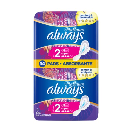 Always Platinum Super (veľkosť 2) Hygienické vložky s krídelkami, 14 kusov