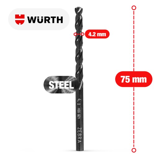 Vrták do kovu 4,2 mm špirálový HSS ZEBRA DIN338 130° do ocele WURTH 4,2 mm