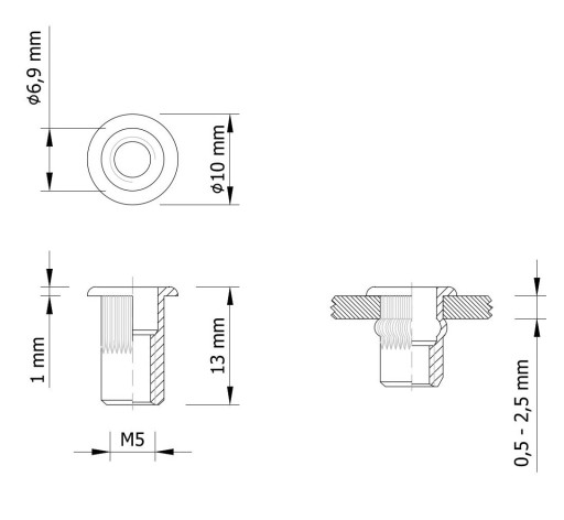 Nitovacia matica s drážkovaným nákružkom M5 x 13 mm