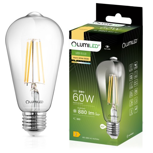 E27 EDISON ST64 LED žiarovka 8W = 60W 3000K Teplá FILAMENT DEKORATÍVNE RETRO