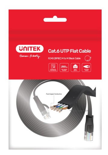 Unitek čierny plochý UTP Ethernet Cat.6 sieťový kábel 10m 1Gbps