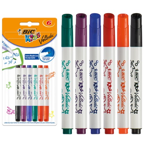 Popisovače BIC Kids Mini Velleda stierateľné za sucha, jemný okrúhly hrot, 6 ks.
