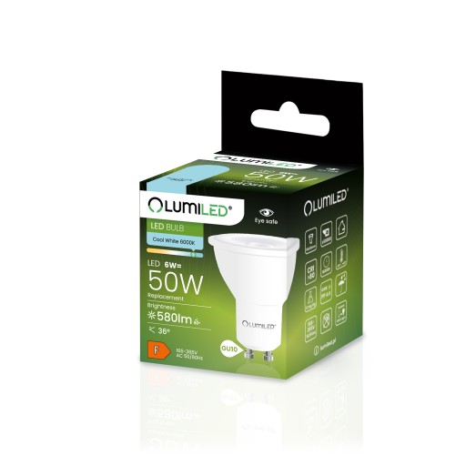 LED žiarovka GU10 6W = 50W 580lm 6500K STUDENÁ BIELA 36° PREMIUM LUMILED