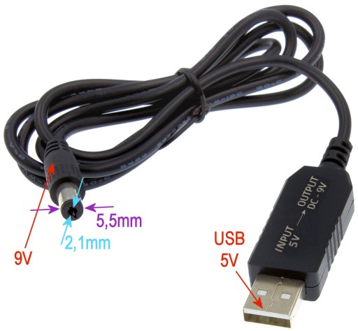 Kábel USB prevodník DC zástrčka 5,5x2,1mm 5V na 9V