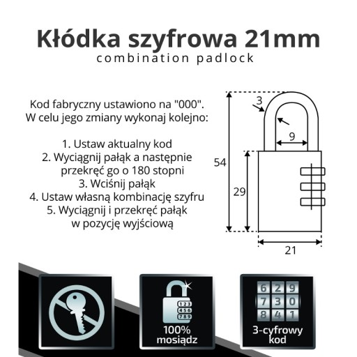 Mosadzný kombinovaný visiaci zámok 21 mm