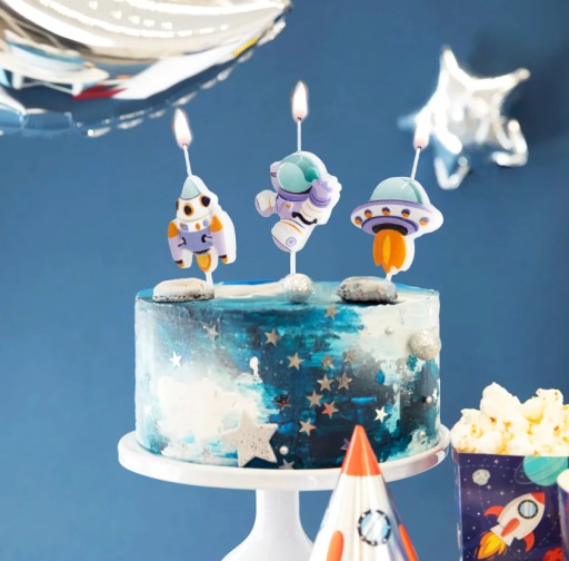 NARODENINOVÁ TORTA SVIEČKY SPACE GALAXY 3 KS UFO rakety