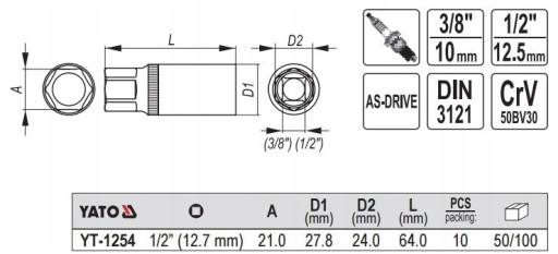 YATO - ZÁSUVKA NA SVIEČKU 1/2'' 6-SIGNÁLOVÝ KĽÚČ 21MM