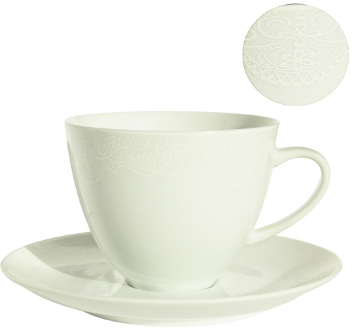 Veľká biela porcelánová šálka s podšálkou 450 ml čipka Romance 1078