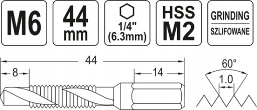 VŔTAČKA NA ZÁVITOPENIE M6 1mm ŠESTIHRANNÁ 1/4 HSS OCEL