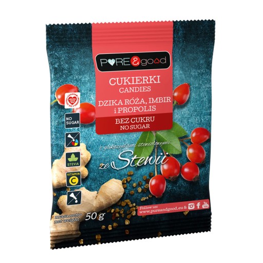Tvrdé cukríky Divoká ruža / Zázvor / Propolis BEZ CUKRU 50g Pure&Good