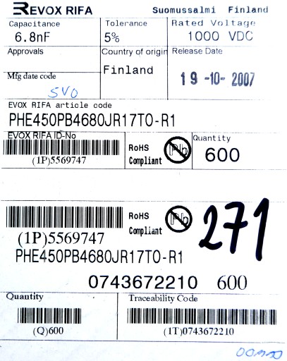 RIFA Fólia 6,8nF 5% 1000V DC 10ks.
