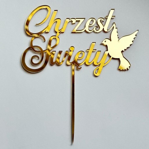 Krstný krstina s holubicou 12cm Krstný topper PLEXI ZLATÉ zrkadlo