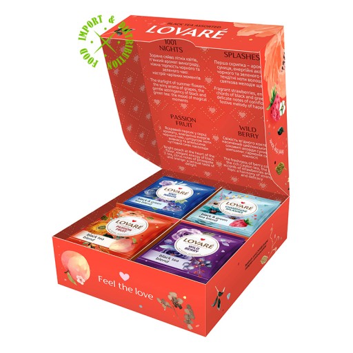 Súprava čierneho čaju LOVARE, perfektný darček, 4 príchute, 32 obálok