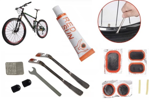 SÚPRAVA NA OPRAVU BICYKLA, DUHA KOLESA, ZÁPLATY, KĽÚČE NA PNEUMATIKY