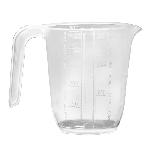 Kuchynská odmerka 500ml Pohár s odmerkou Voda 500ML Múka 300g Cukor 500g