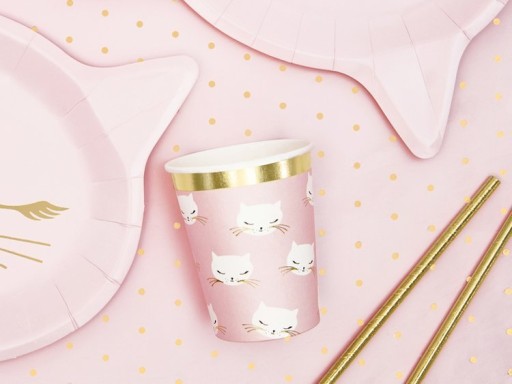 Narodeninové papierové poháre Kitties Cats Mačka na narodeniny ružové 200ml 6 ks