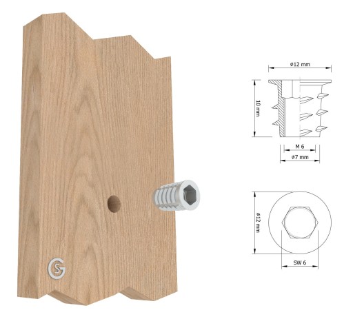 Oceľová nábytková vložka 100x M6 x 10 mm skrutkovaná do dreva, typ DC