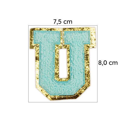 PATCH LETTER U, veľká aplikácia Font cyan glitter