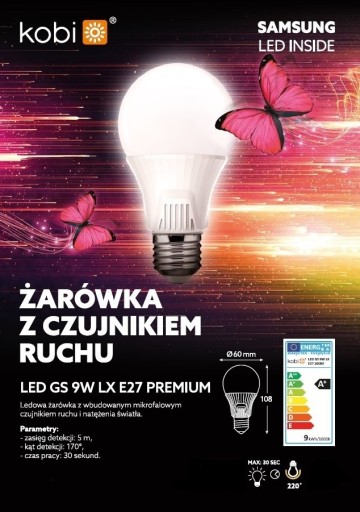 9W E27 PREMIUM LED žiarovka, 3000K pohybový senzor