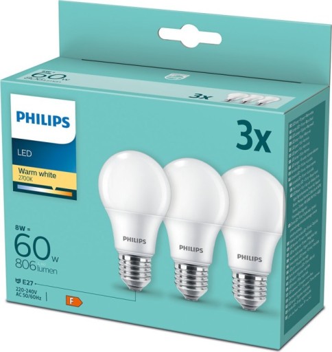3x E27 PHILIPS LED žiarovka 8W = 60W A60 SMD teplá farba 2700K; 806 lumenov