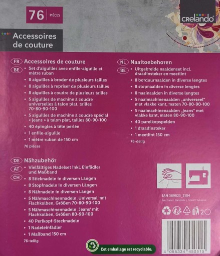CRELANDO SADA RUČNÉHO ŠITIA IHLY ŠPIČKY ODMERY 76 kusov