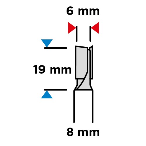 Dvojbřitá stopková fréza, 6 x 19 mm, stopka 8 mm
