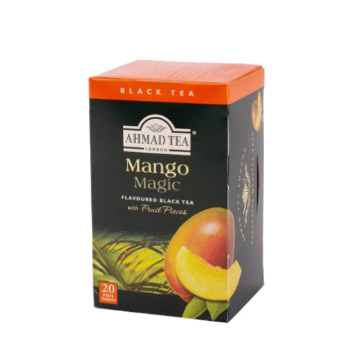Čierny čaj Ahmad Mango s príchuťou manga, 20 vrecúšok v obálkach