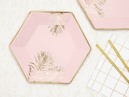 RUŽOVÉ papierové taniere so zlatými listami, 23 cm, 6 ks, na narodeniny sliepky