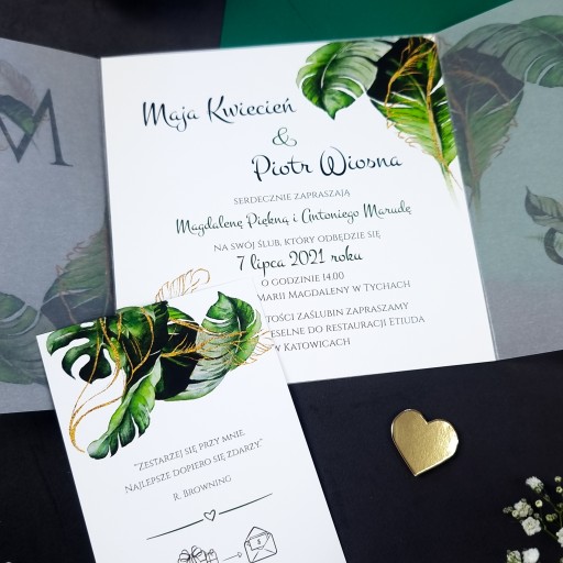 SVADOBNÉ POZVÁNKY S KARTÓNOM, MONSTERA - 2 KUSY