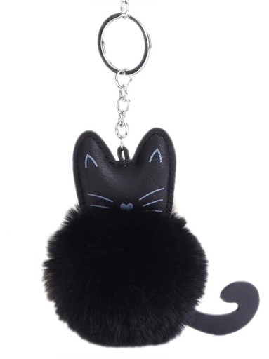 POMPON KEYRING KOŽUŠINA ČIERNA MAČATÁ KAT