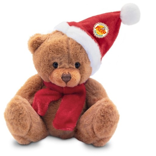 MASKOT MEDVEĎ SANTA Hnedé Vianoce v čiapke a šatke Plyšová hračka