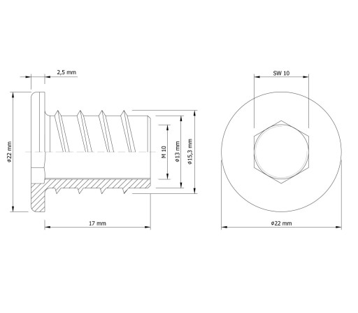10x M10 x 17 mm nástrčná nástrčka s nákružkom na drevo, ľavý závit