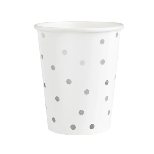 Jednorazové BIELE HRNČEKY so striebornými narodeninami DOTS