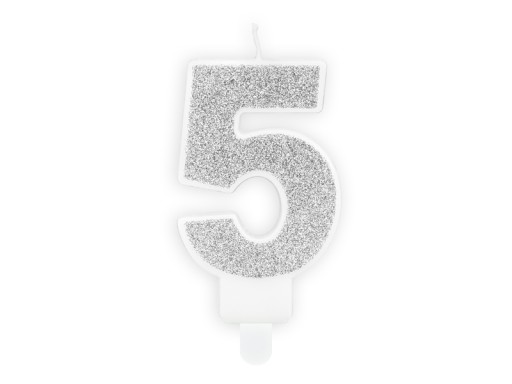 Sviečka 5 k narodeninám, strieborné trblietky, 7 cm