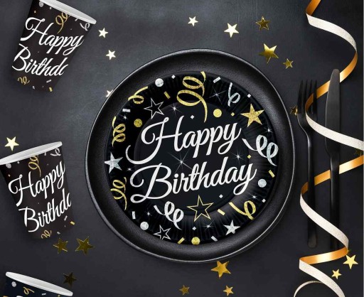 Čierne papierové poháre Happy Birthday, 6 kusov