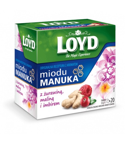 Bylinný ovocný čaj Manuka Med Brusnica Malina Zázvor 20 T. LOYD