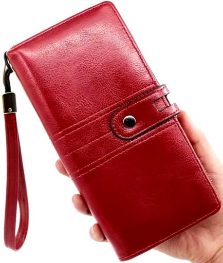 Veľká kožená peňaženka, priestranný, elegantný boho remienok, červené, módne karty