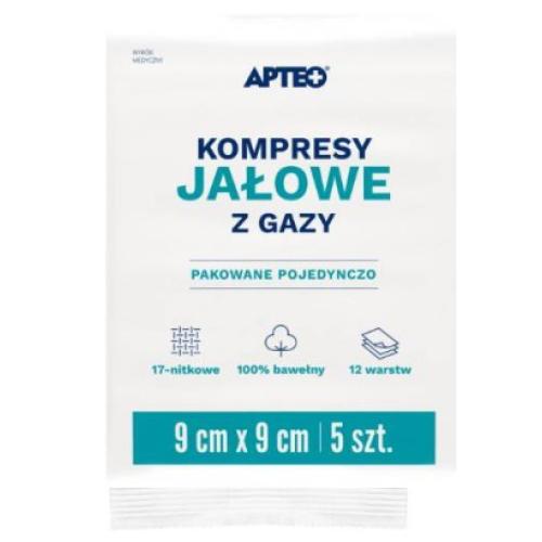STERILNÉ PLYNOVÉ KOMPRESY APTEO STAROSTLIVOSŤ 9 CMX9 CM 17 NITÍ 5 KS JEDNODUCHÉ BALENIE