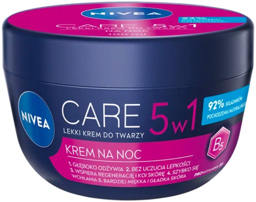 Nivea CARE 5v1 hydratačný ľahký pleťový krém na noc 100 ml