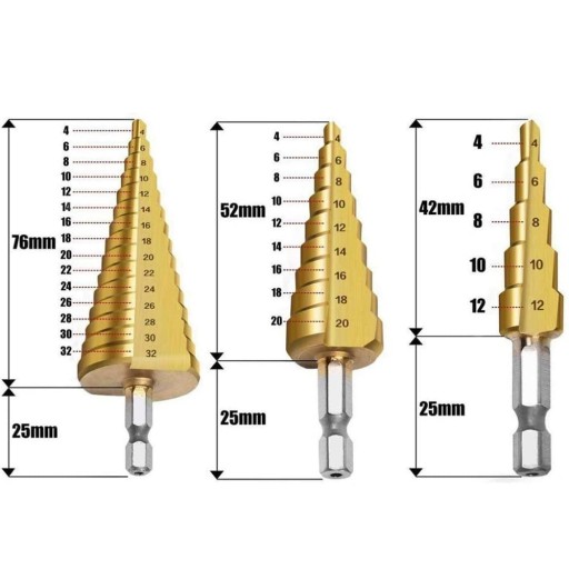 KROKOVÉ KUŽEĽOVÉ VRTÁKY PRE KOV DREVO PLASTOVÉ PLÁCHY SÚPRAVA 4-32 MM