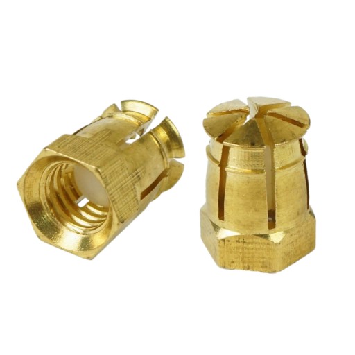 M6 x 12 mm mosadzná objímka s expanznou guľou, nábytková vložka na drevo