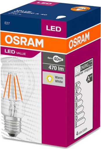 E27 A60 LED žiarovka 4W = 40W 470lm 2700K Výhrevnosť 320° OSRAM vlákno